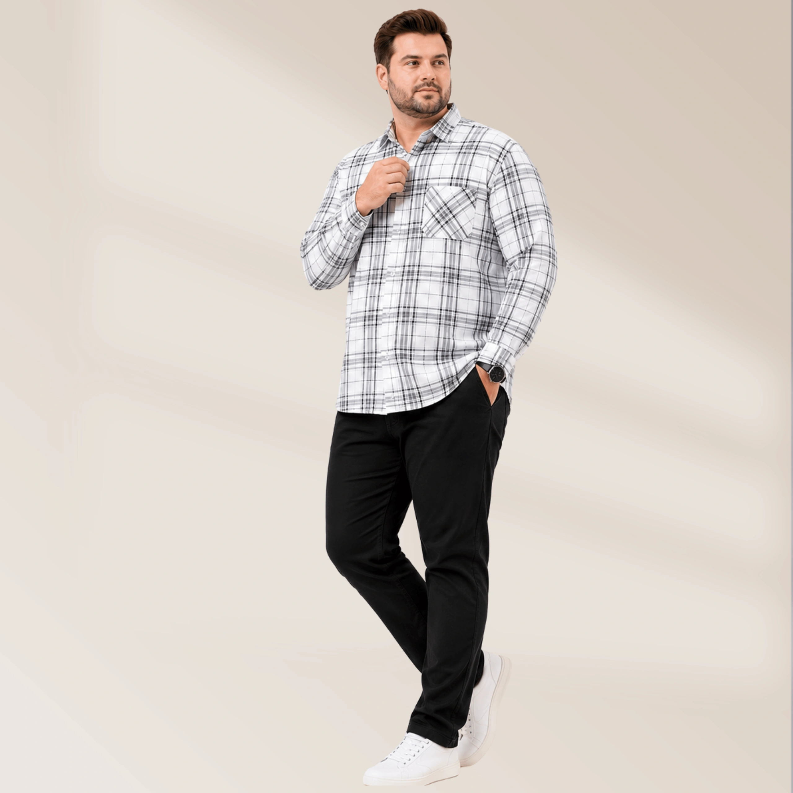 White & Black Check Shirt | Plussize Fit Casual Wear Shirt - Image 4