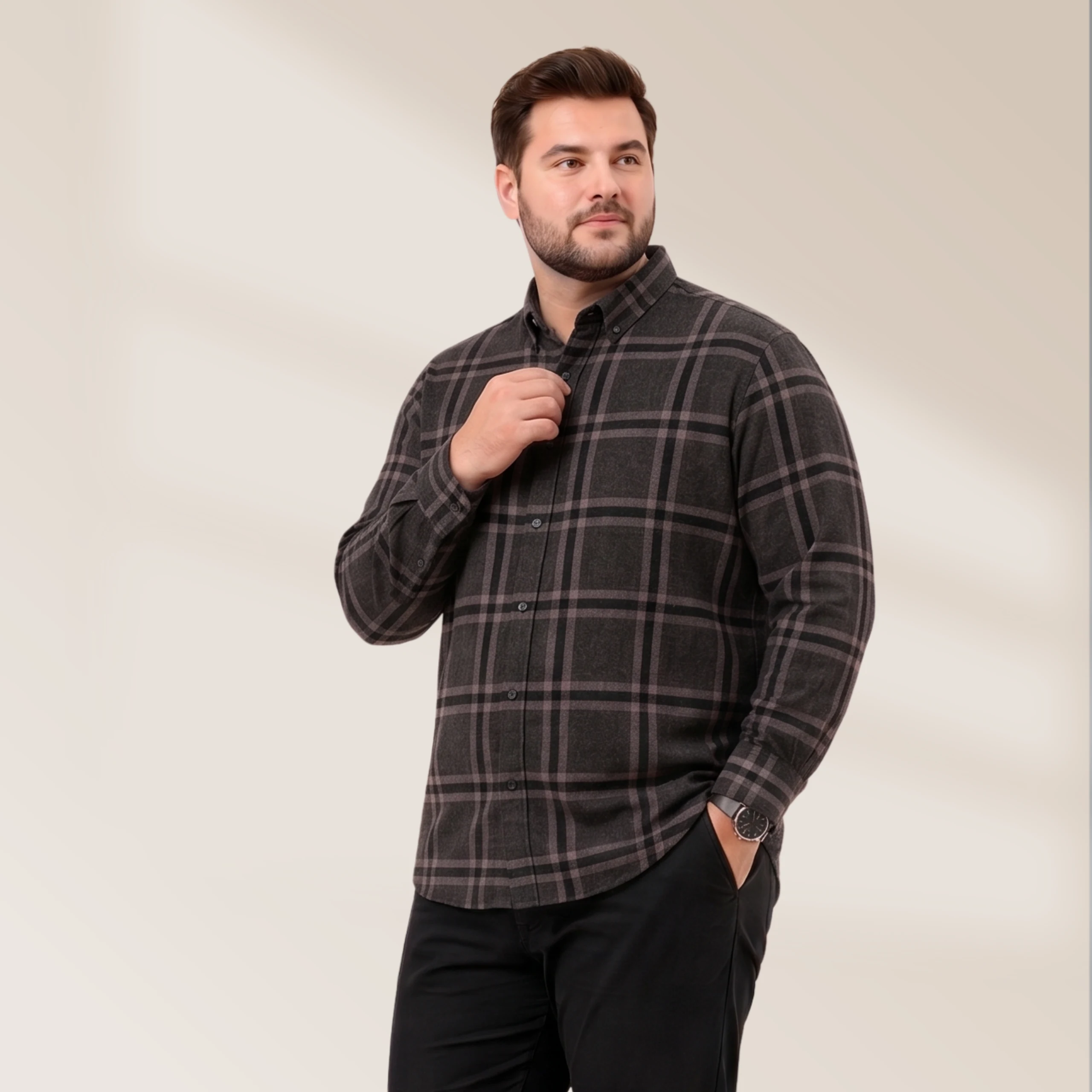 Men's Charcoal Grey Plaid Shirt - Image 4