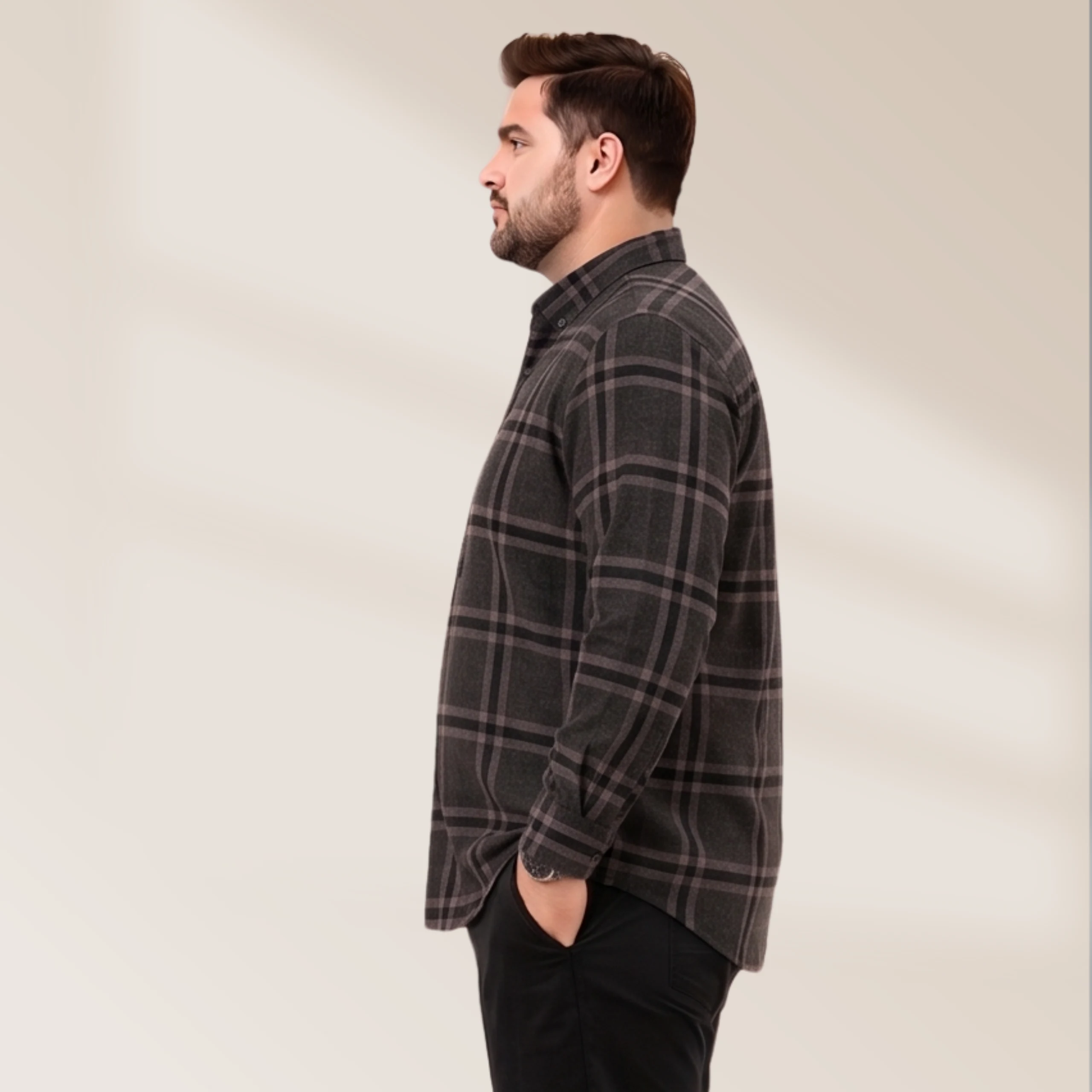 Men's Charcoal Grey Plaid Shirt - Image 2