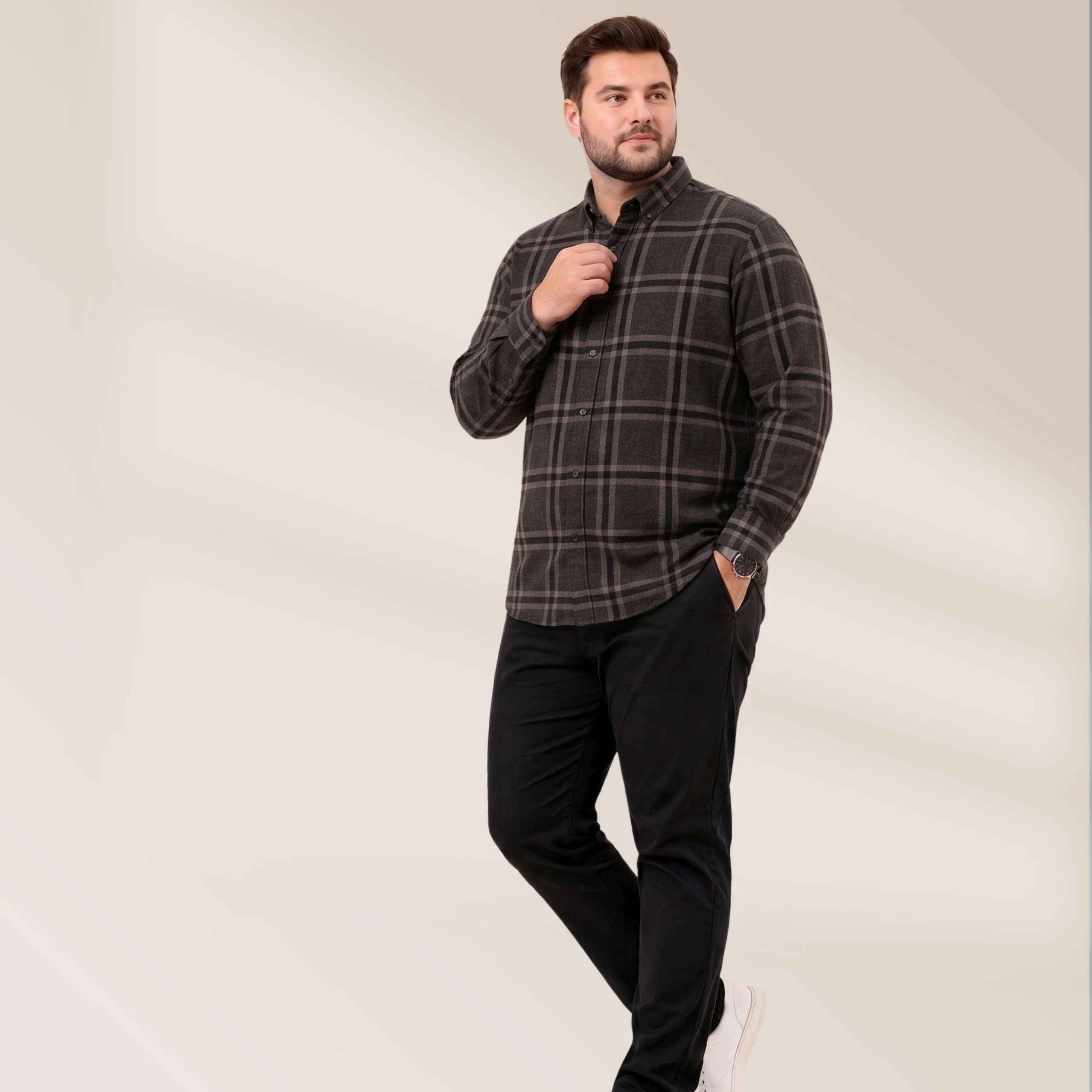 Men's Charcoal Grey Plaid Shirt - Image 5