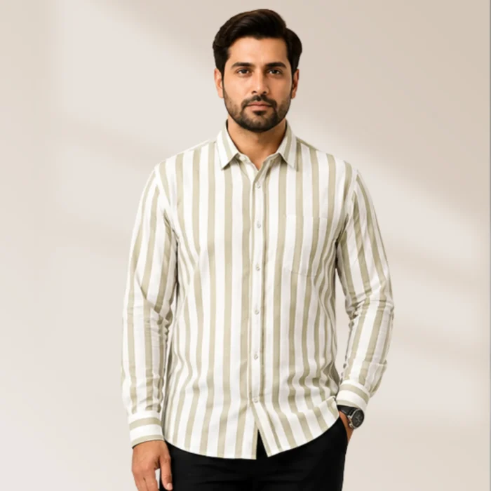 Men's Casual Striped Shirt | Off White & Olive Green Full Sleeve Shirt