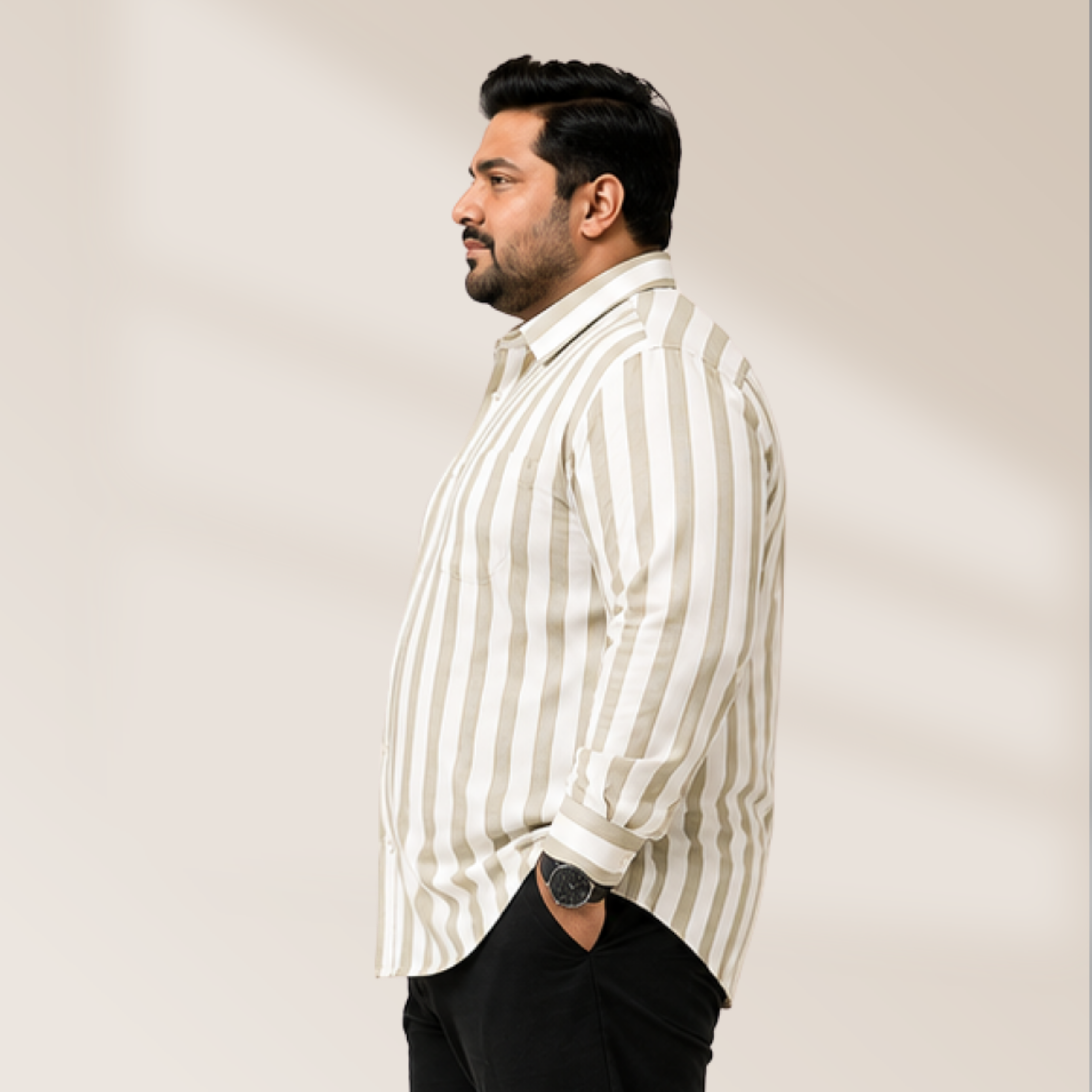 Men's Casual Striped Shirt | Off White & Olive Green - Image 3