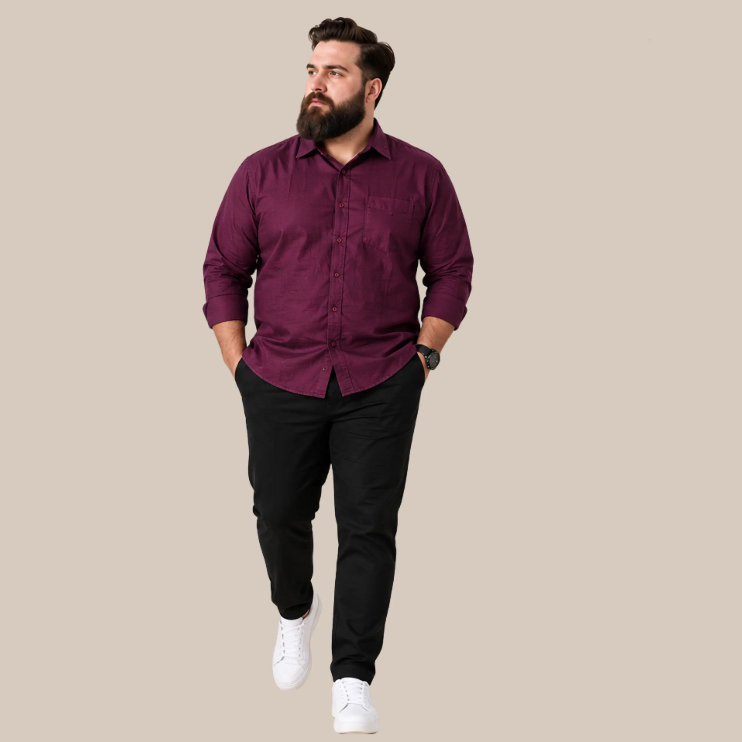 Men's Maroon Wine Solid Full Sleeve Formal Shirt | Plus Size Cotton Linen Blend Office Wear Shirt - Image 2