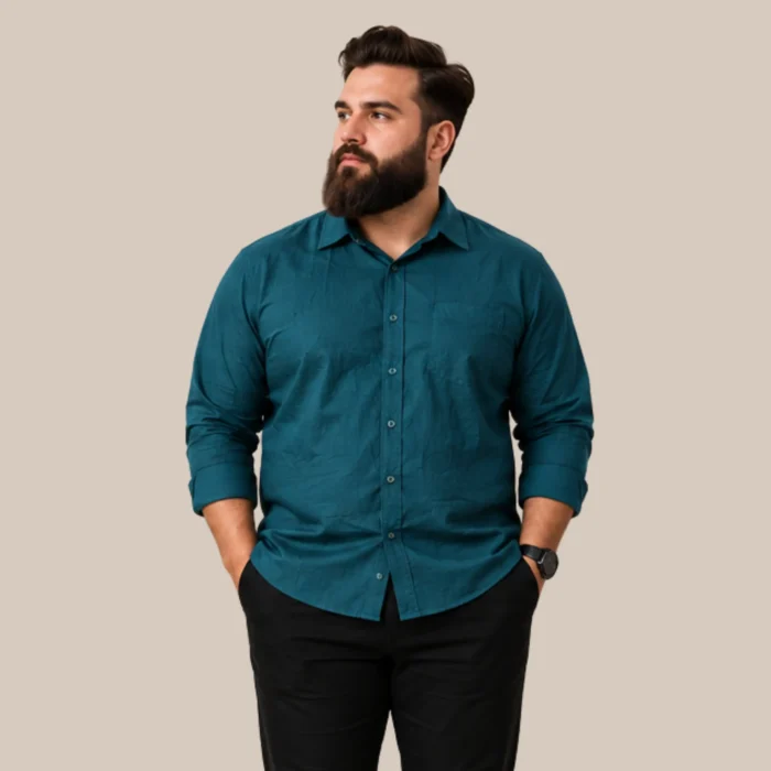 Men's Teal Blue Solid Full Sleeve Casual Shirt | Plus Size Cotton Linen Blend Shirt for Men