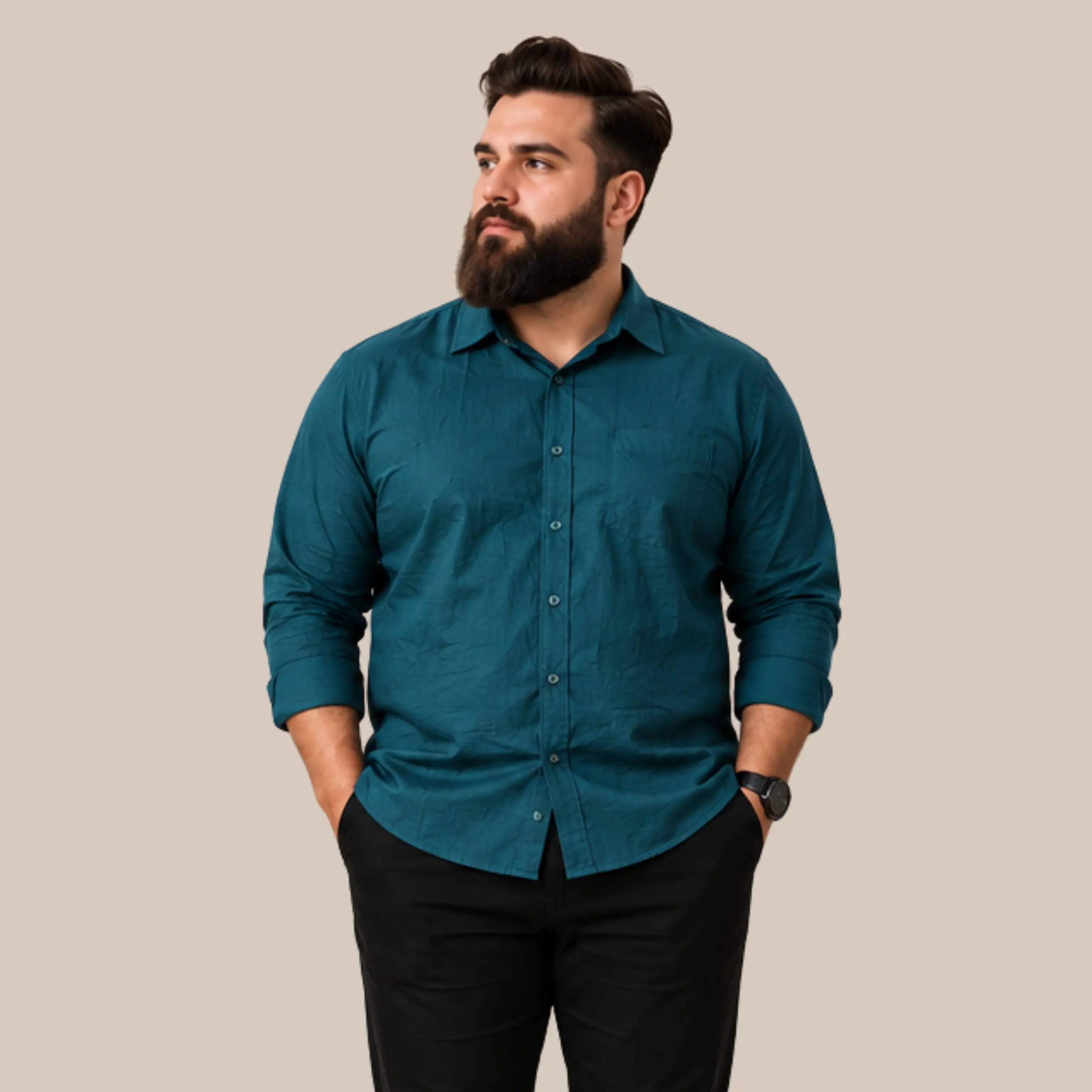 Men's Teal Blue Solid Full Sleeve Casual Shirt | Plus Size Cotton Linen Blend Shirt for Men