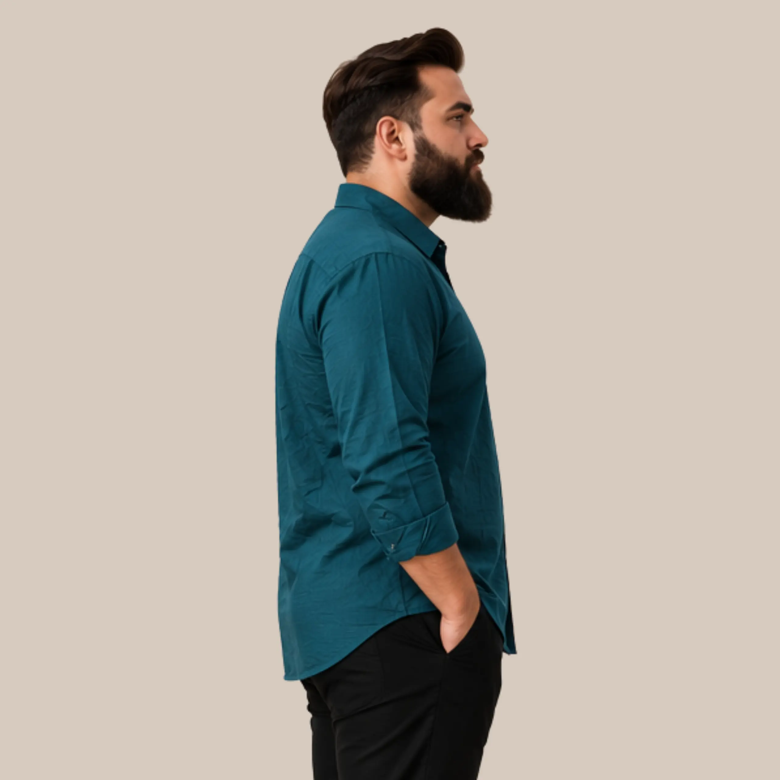 Men's Teal Blue Solid Full Sleeve Casual Shirt | Plus Size Cotton Linen Blend Shirt for Men - Image 2