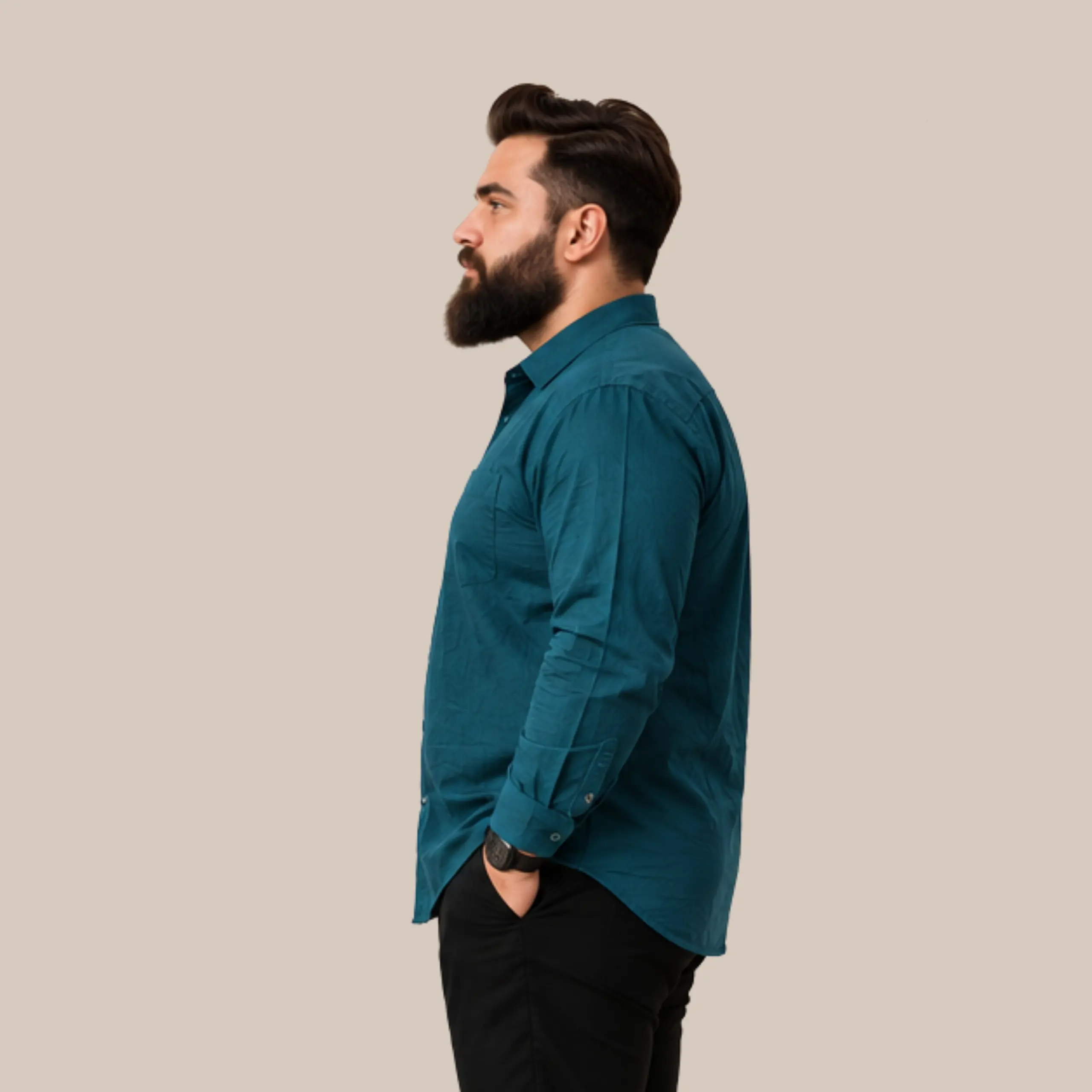 Men's Teal Blue Solid Full Sleeve Casual Shirt | Plus Size Cotton Linen Blend Shirt for Men - Image 3