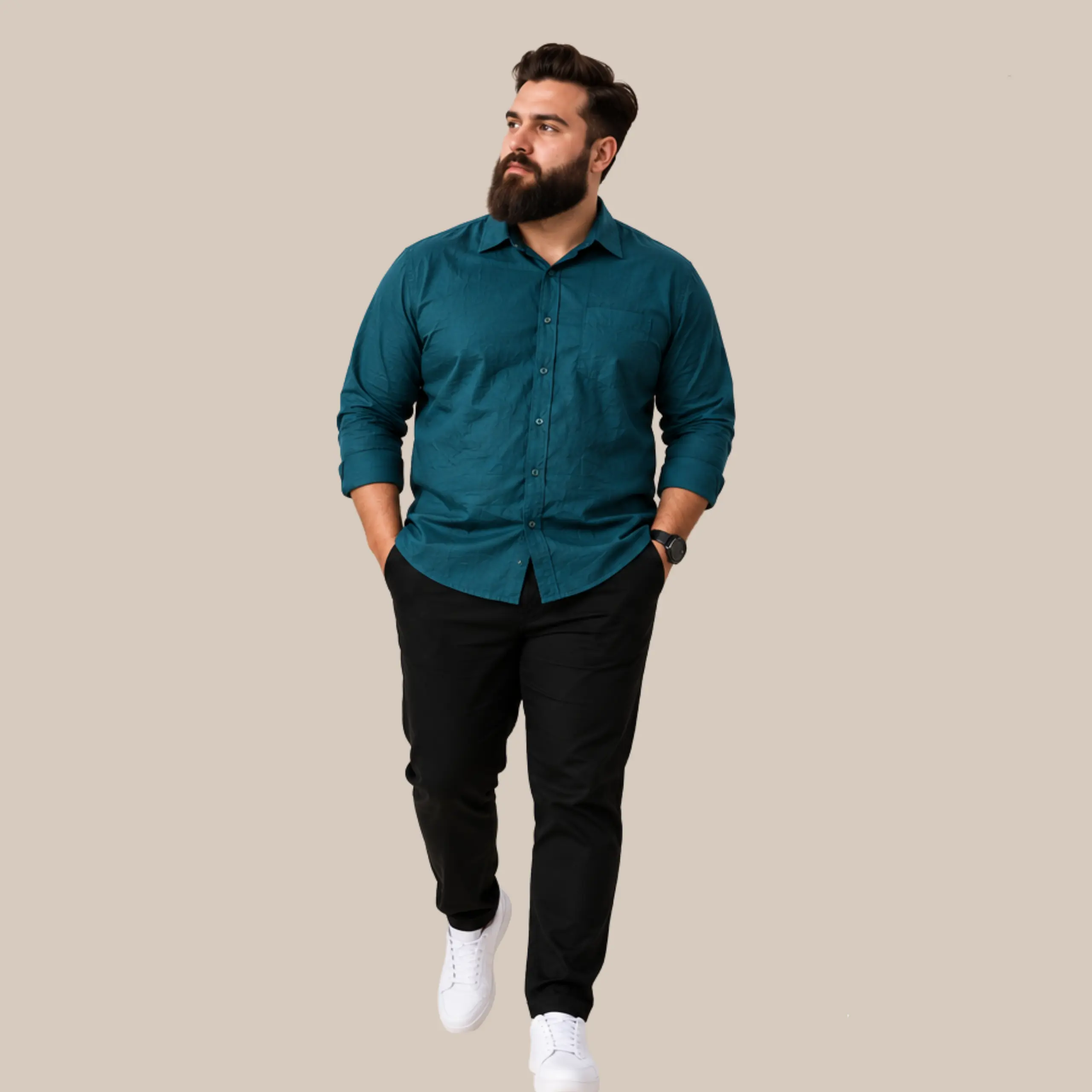 Men's Teal Blue Solid Full Sleeve Casual Shirt | Plus Size Cotton Linen Blend Shirt for Men - Image 4